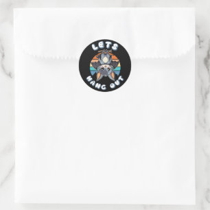 Cute Bat Hanging and Retro Sunset Let's Hang Out Classic Round Sticker