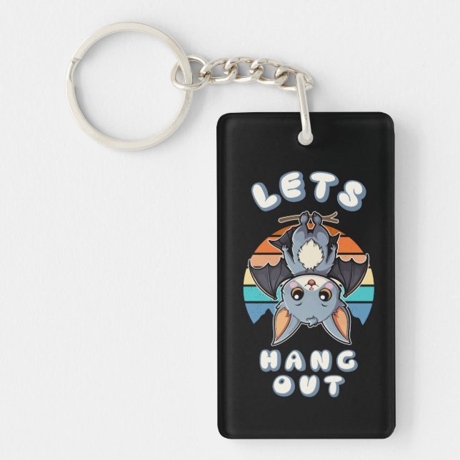 Cute Bat Hanging and Retro Sunset | Let's Hang Out Key Ring (Front)