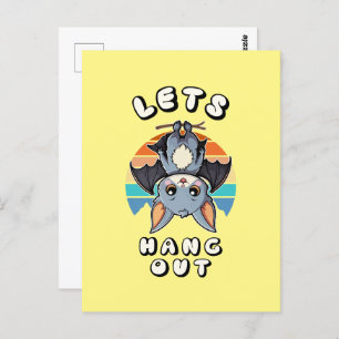 Cute Bat Hanging and Retro Sunset   Let's Hang Out Postcard