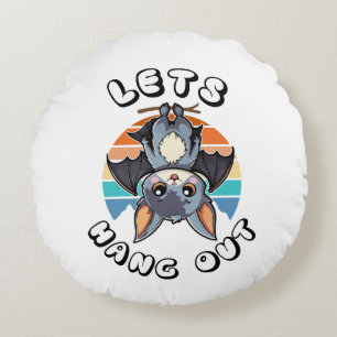 Cute Bat Hanging and Retro Sunset   Let's Hang Out Round Cushion