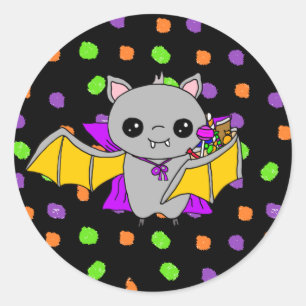Cute Bat Holding Halloween Candy Classic Round Sticker