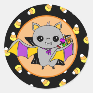 Cute Bat Holding Halloween Candy Classic Round Sticker