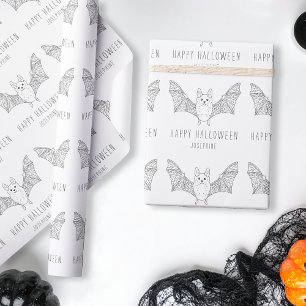 Cute Bat Line Art With Custom Name Happy Halloween Wrapping Paper