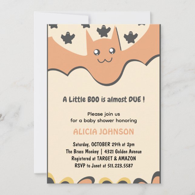 Cute bat Orange Little boo Halloween baby shower  Invitation (Front)