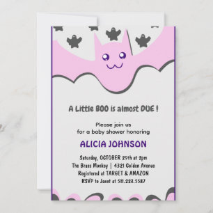 Cute bat Purple Little boo Halloween baby shower  Invitation
