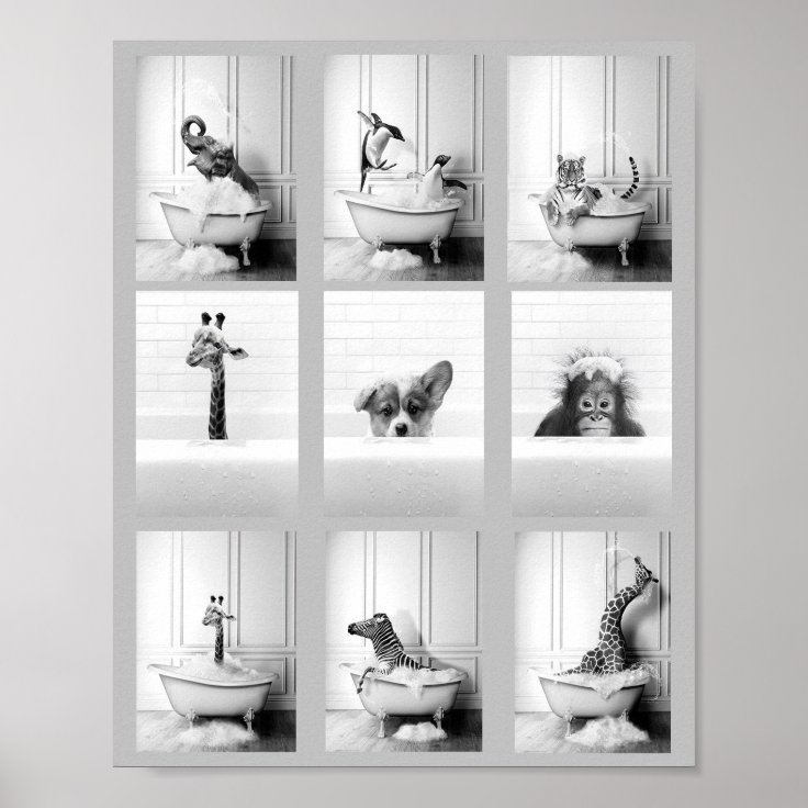 Cute Bathroom Animals in Bathtub Poster Zazzle
