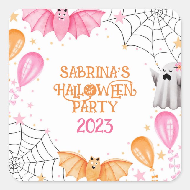 Cute Bats and Ghosts Pastel Halloween Party Square Sticker (Front)