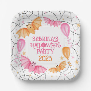 Cute Bats, Balloons + Spiderwebs Pastel Halloween Paper Plate