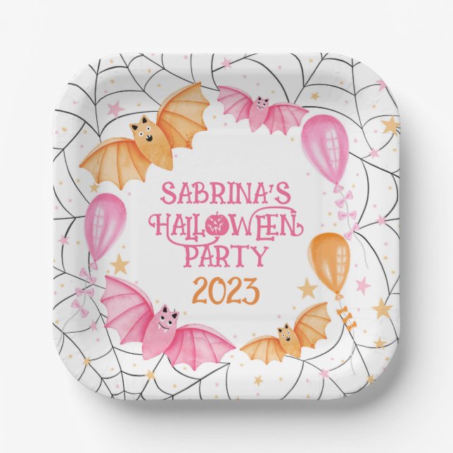 Cute Bats, Balloons + Spiderwebs Pastel Halloween Paper Plate (Front)