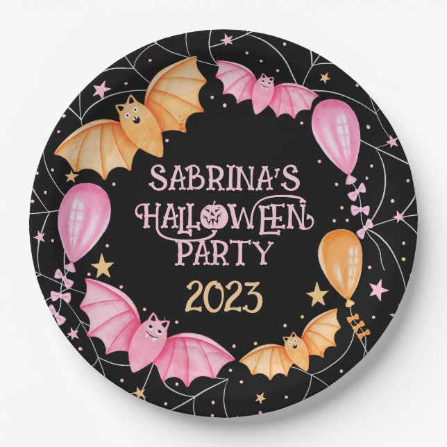 Cute Bats, Balloons + Spiderwebs Pastel Halloween Paper Plate (Front)