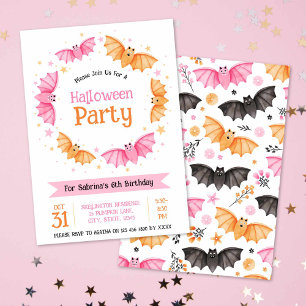 Cute Bats Halloween Birthday Party Invitation