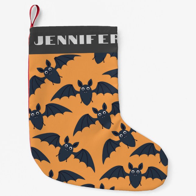 Cute Bats Halloween Orange Pattern Custom Name Small Christmas Stocking (Front)