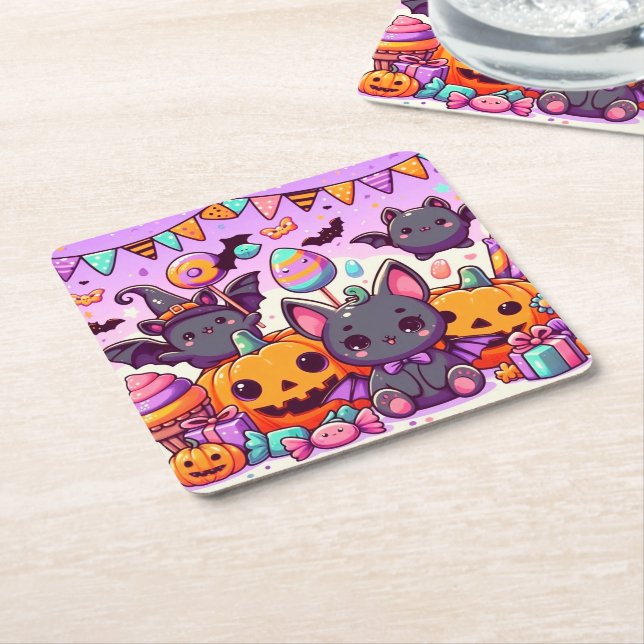 Cute bats halloween party square paper coaster (Angled)