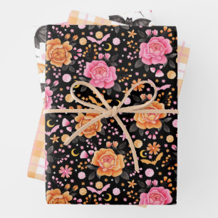 Cute Bats, Plaid and Florals Pastel Halloween Wrapping Paper Sheet