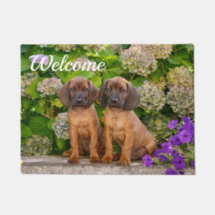 Cute Bavarian Mountain Hound Puppies with Flowers Doormat