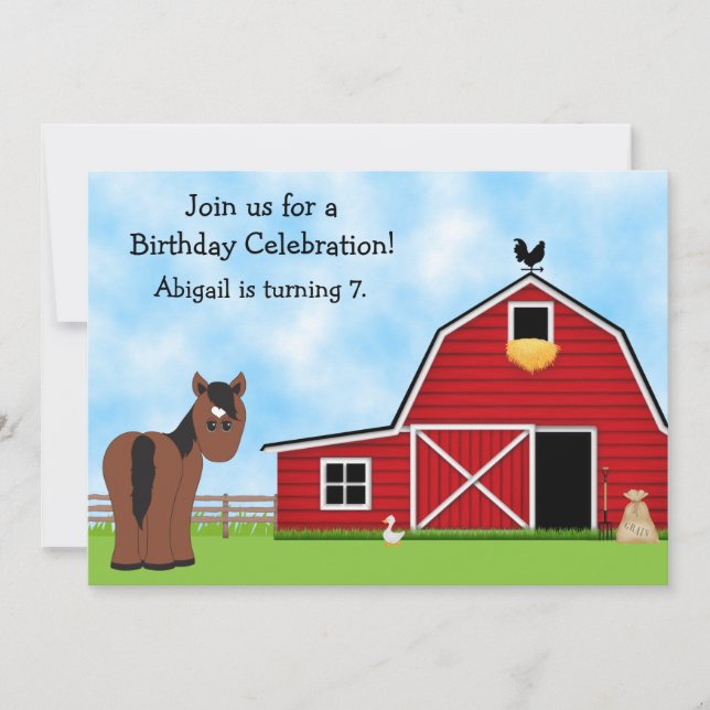 Cute Bay Horse and Red Barn Girls Birthday Party Invitation (Front)