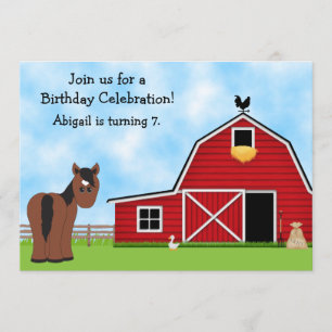 Cute Bay Horse and Red Barn Girls Birthday Party Invitation