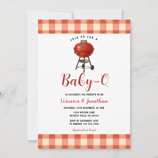 Cute BBQ Baby Shower Backyard Grill Red Gingham Invitation (Front)