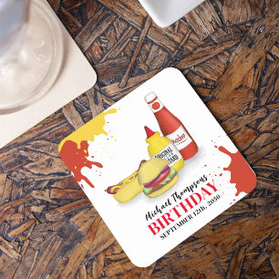 Cute BBQ Birthday Party Custom Square Paper Coaster