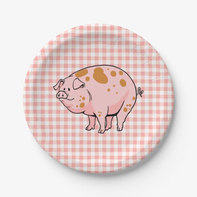 Cute BBQ Pig Cookout Rose Pink Gingham Check Plaid Paper Plate (Front)