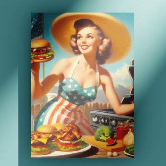 Cute BBQ Pin Up painting Postcard