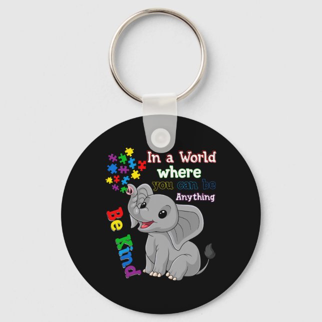 Cute Be Kind Elephant And Puzzle Piece Autism Awar Key Ring (Front)