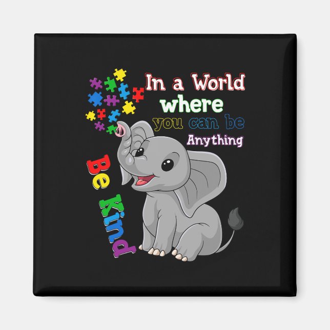 Cute Be Kind Elephant And Puzzle Piece Autism Awar Magnet (Front)