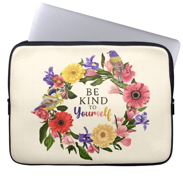 Cute Be Kind to Yourself Self Love Floral Quote Laptop Sleeve (Front)