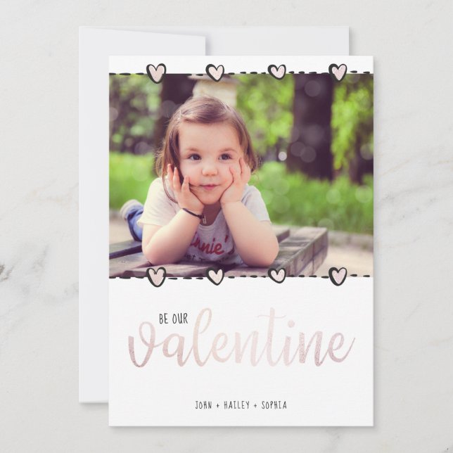 Cute Be My Valentine Rose Gold Hearts Family Photo Holiday Card (Front)