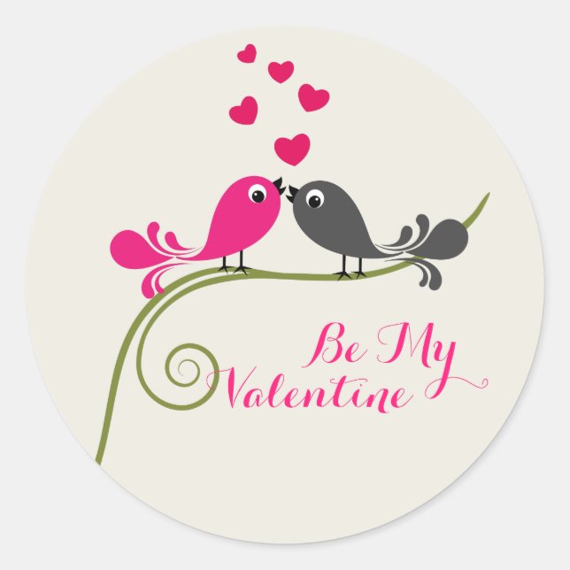 Cute Be My Valentines Day Love Birds And Hearts Classic Round Sticker (Front)