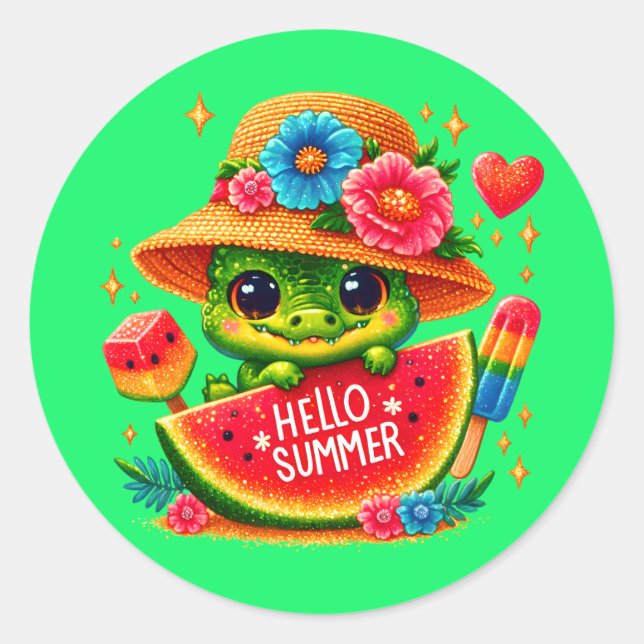 Cute beach alligator hello Summer Classic Round Sticker (Front)
