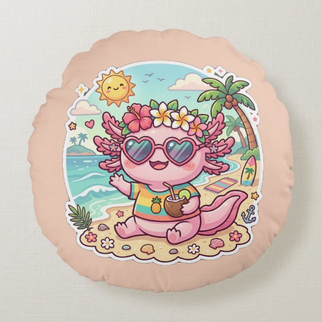Cute Beach Axolotl Summer Vacation Round Pillow (Front)
