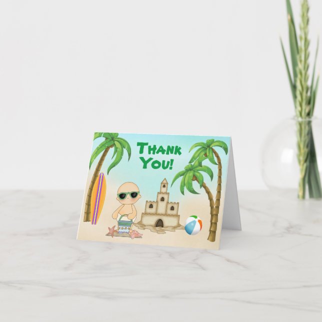 Cute Beach Baby, Sandcastle and Surfboard Thank You Card (Front)