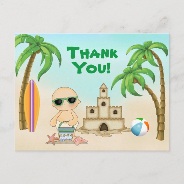 Cute Beach Baby Sandcastle and Surfboard Thank You Postcard (Front)