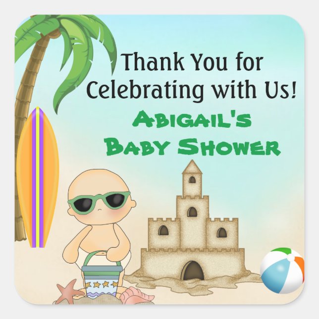 Cute Beach Baby Sandcastle Baby Shower Thank You Square Sticker (Front)