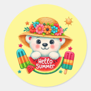 Cute beach bear hello Summer  Classic Round Sticker