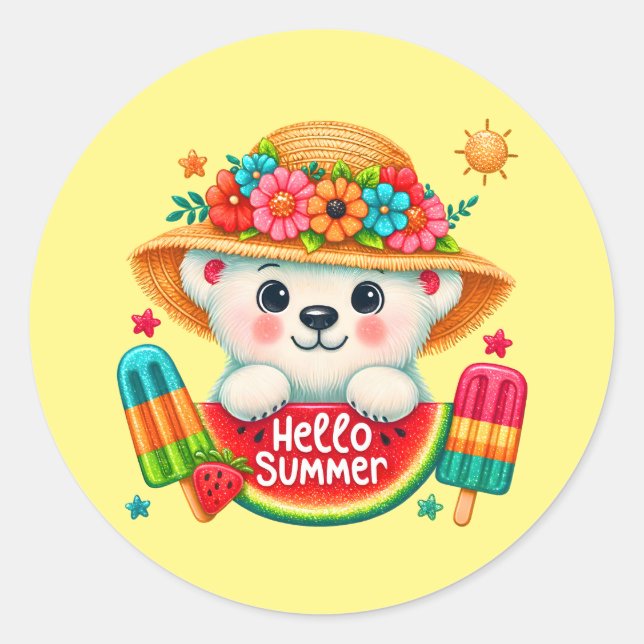 Cute beach bear hello Summer  Classic Round Sticker (Front)