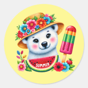 Cute beach bear hello Summer Classic Round Sticker