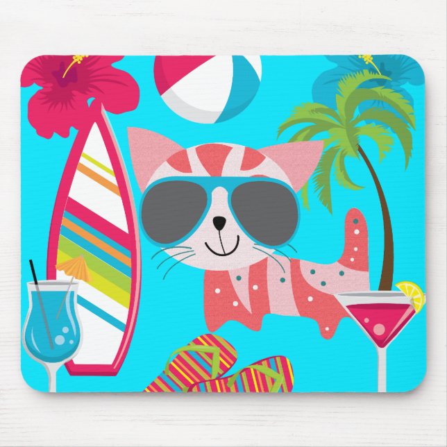 Cute Beach Bum Kitty Cat Sunglasses Beach Ball Mouse Mat (Front)