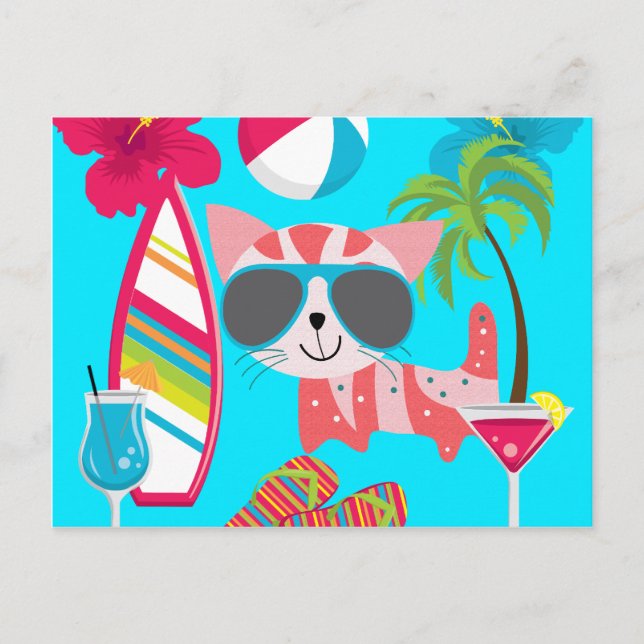 Cute Beach Bum Kitty Cat Sunglasses Beach Ball Postcard (Front)