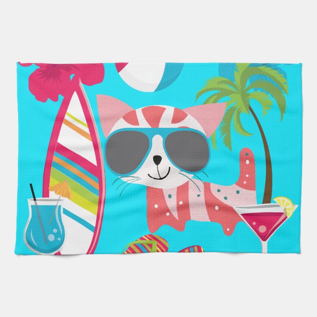 Cute Beach Bum Kitty Cat Sunglasses Beach Ball Tea Towel (Horizontal)