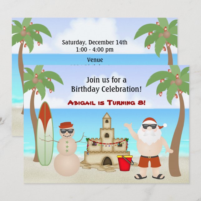 Cute Beach Christmas Holiday Birthday Invitation (Front/Back)