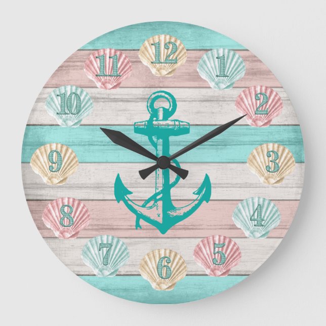Cute Beach Colours with Seashells & Anchor Large Clock (Front)