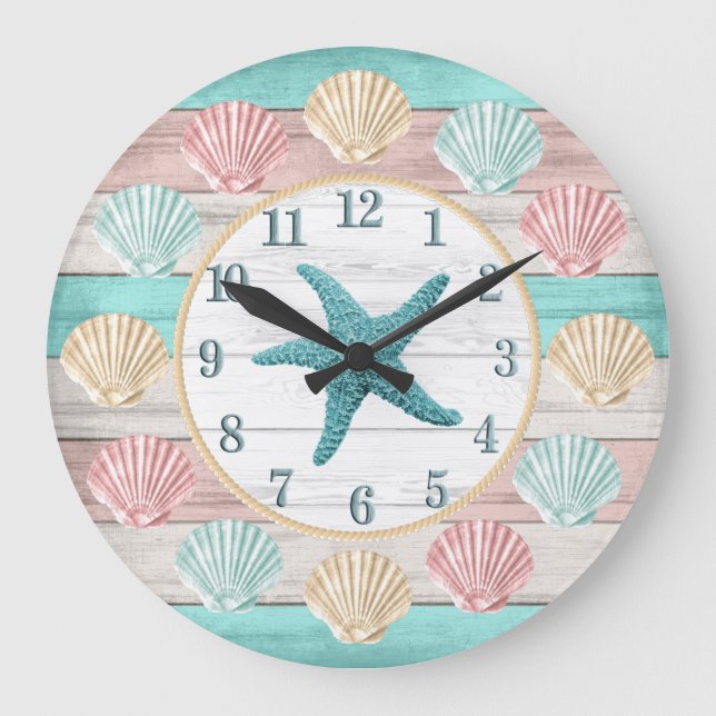 Cute Beach Colours with Seashells Large Clock (Front)