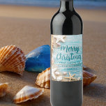 Cute Beach Company Christmas Seashell Customized Wine Label<br><div class="desc">A cute custom beach business holiday wine labels for a tropical island company. Customize this pretty teal blue wood and seashell photography Christmas gift labels with your seaside corporation name or other coastal professional text.</div>