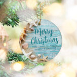 Cute Beach Company Seashell Personalized Christmas Ceramic Tree Decoration<br><div class="desc">A cute custom beach business holiday gift for a tropical island company. Customize this pretty teal blue wood and seashell photography Christmas ornament with your seaside corporation name or other coastal professional text.</div>