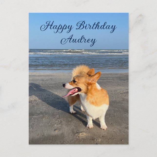 Cute Beach Corgi Personalised Happy Birthday Postcard (Front)