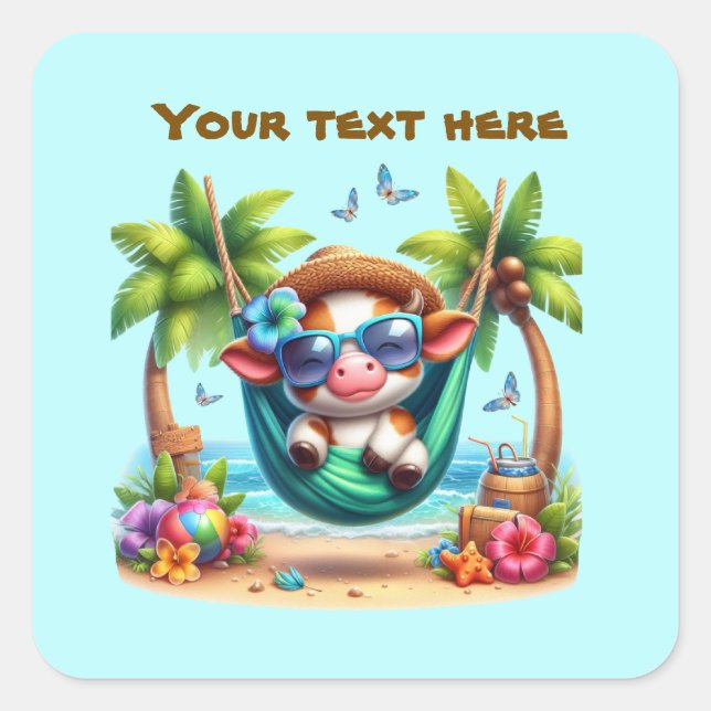 Cute beach cow customisable  square sticker (Front)