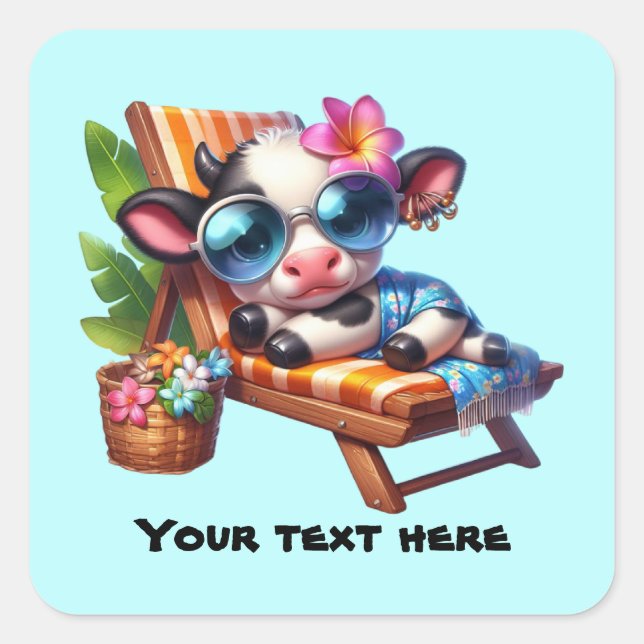 Cute beach cow customisable  square sticker (Front)