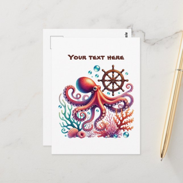 Cute beach customisable octopus postcard (Front/Back In Situ)